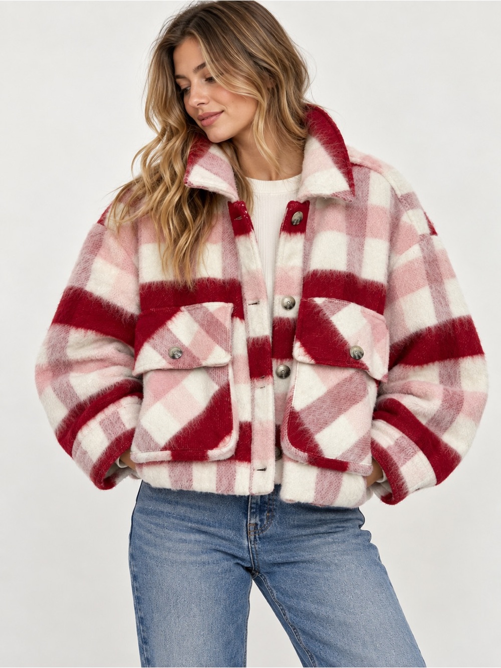Blank NYC pink red plaid fuzzy cropped oversized jacket Shacket women's XS $148